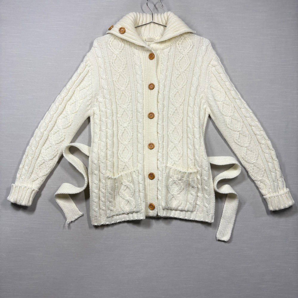 Vintage Cardigan Sweater Women Large Ivory Long Belted Cable Knit Wood Button
